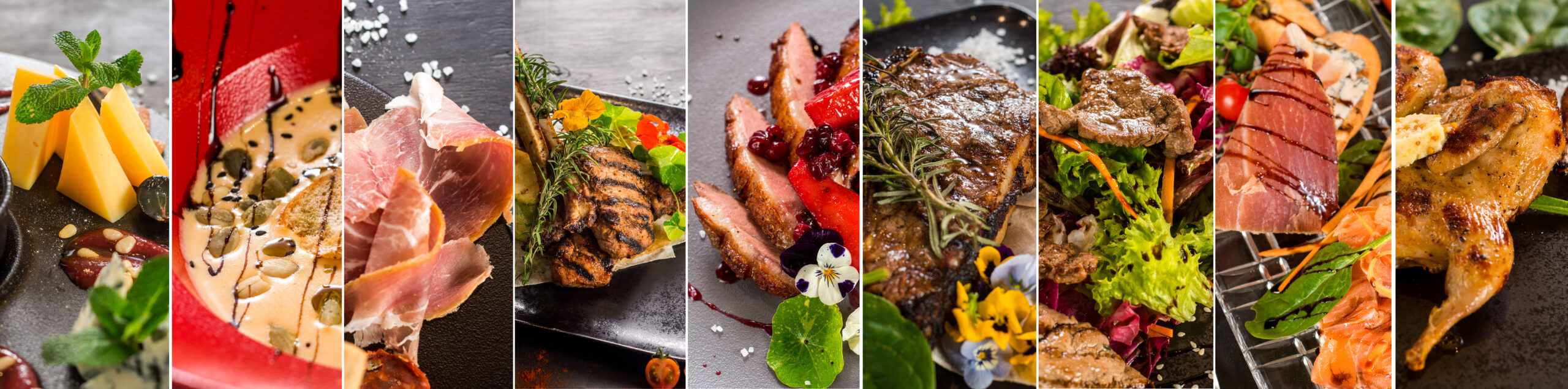 Big collage of various food products with herbs and species